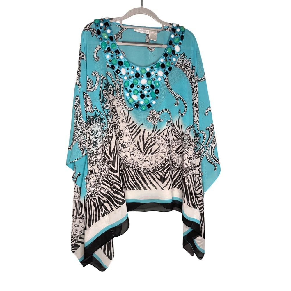 Soft Surroundings Beaded Paisley Zebra Print Kaftan Top Turquoise Blue One Size